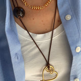 HEART NECKLACE WITH BROWN ROPE